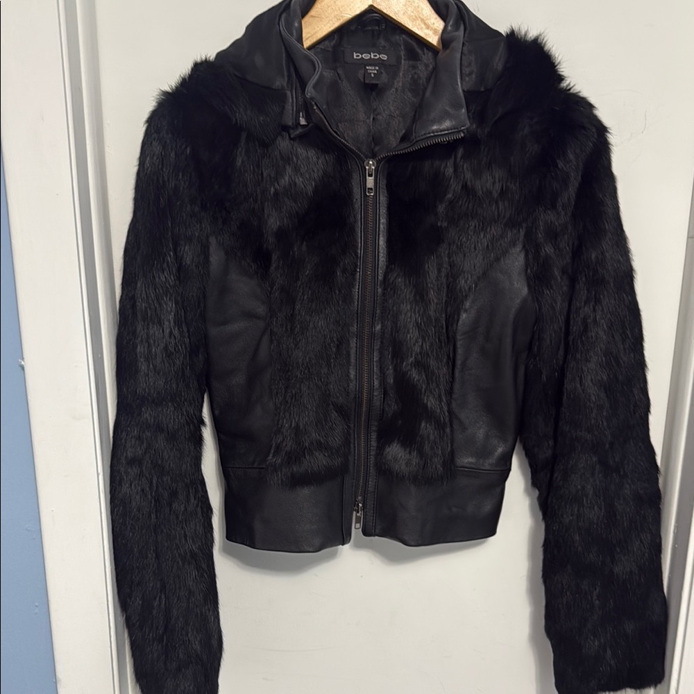 Bebe Black Rabbit Fur & Leather Jacket with detachable hood.